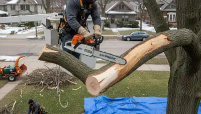 Arborist removing dead branches from mature tree with safety gear in Buffalo, NY tree trimming service