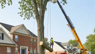 Arborists performing large tree removal with bucket truck in Getzville, Buffalo NY residential area