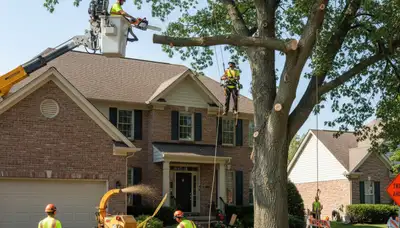 Large tree removal by professional arborists using bucket truck in Orchard Park, Buffalo NY
