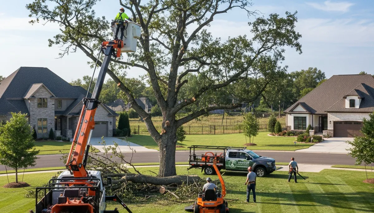Professional lawn and tree service crew working in Buffalo, NY yard