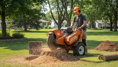 Professional stump grinding service removing tree stump in Getzville, NY near Buffalo for lawn restoration