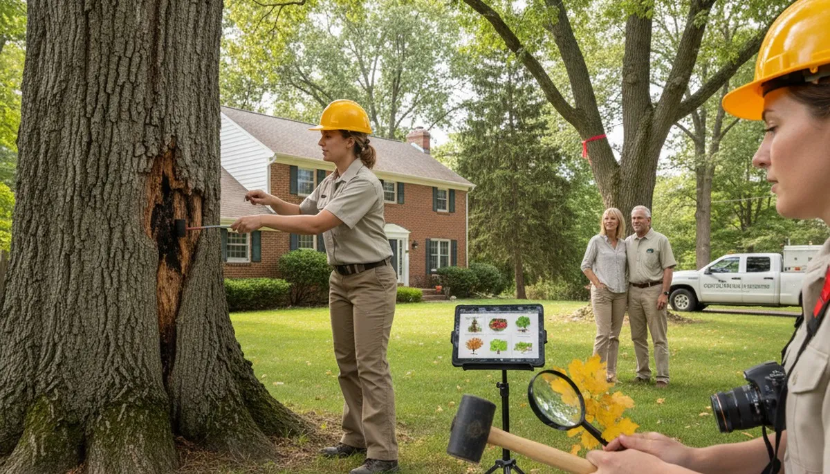 Certified arborist performing tree health assessment in Getzville, Buffalo NY for local tree removal services