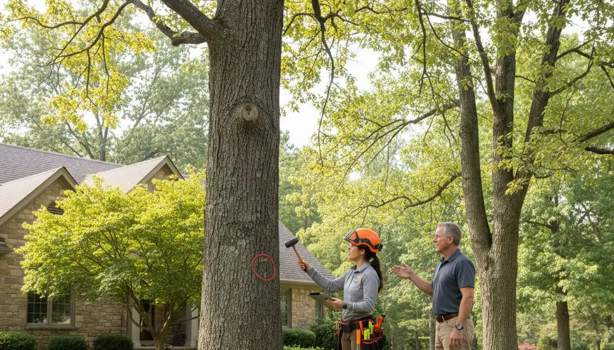 Certified arborist performing tree health assessment for homeowners in Lancaster, NY near Buffalo