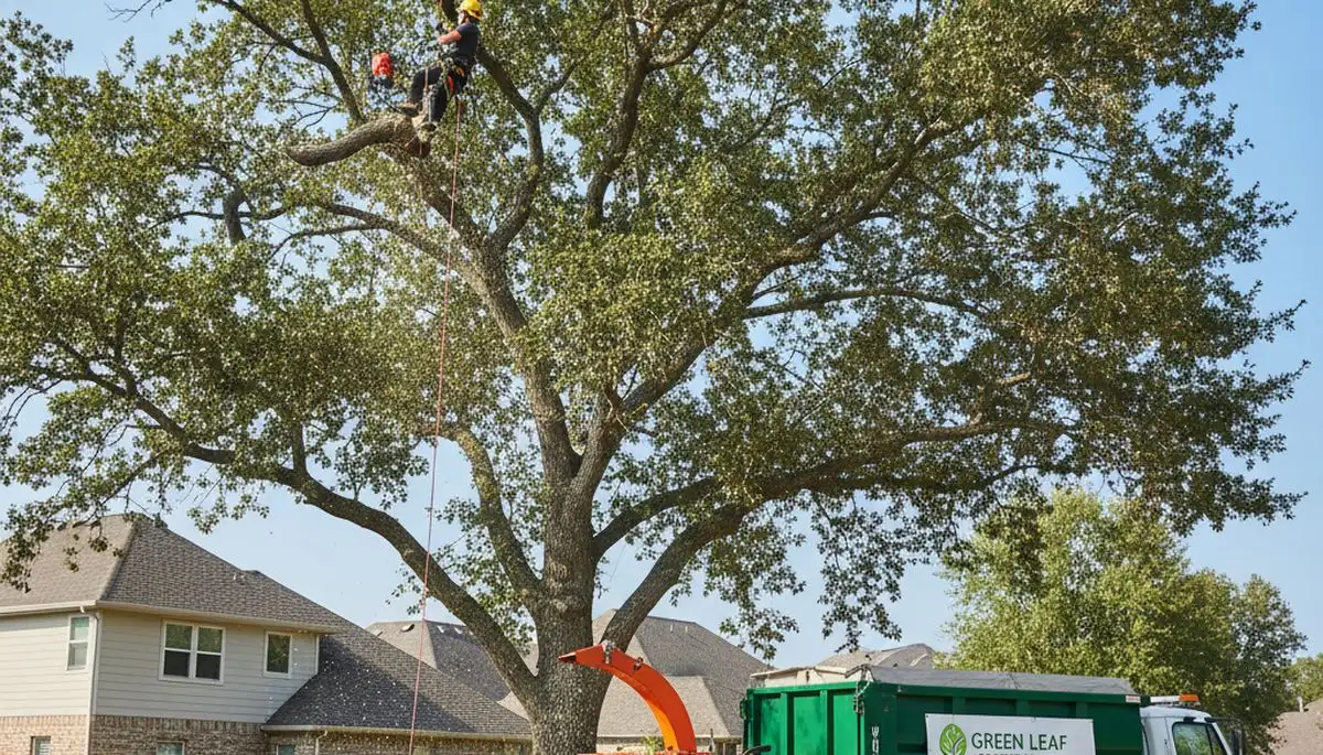 Arborist pruning oak tree branches in Buffalo, NY for safer, healthier residential landscape