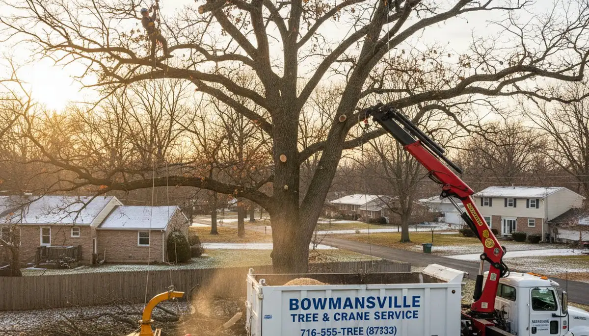 Professional tree removal service in Buffalo, NY safely cutting and clearing large oak tree