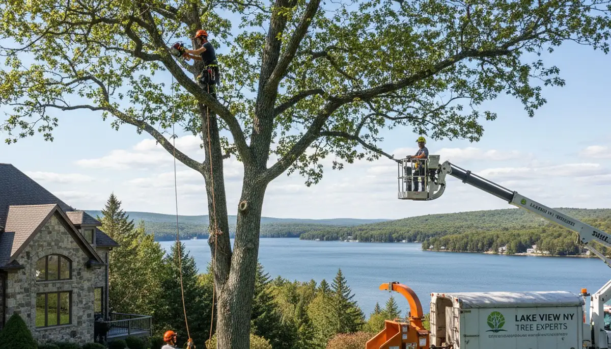 Professional tree removal service crew in Buffalo NY clearing large oak safely
