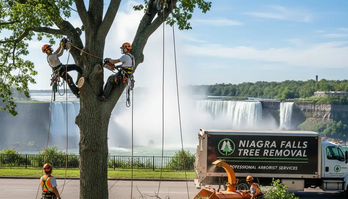 Professional tree removal service in Buffalo, NY safely cutting and clearing large backyard oak tree
