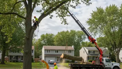 Professional tree removal service team in Buffalo NY safely cutting large oak tree